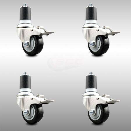 Service Caster 3.5 Inch 316SS Black Poly Swivel 1-3/4 Inch Expanding Stem Caster Set Lock Brake SCC-SS316TTLEX20S3514-PPUB-BLK-134-4